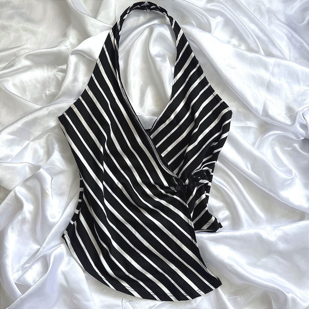 Stacy Black White Striped Halter Wrap Top with Frog Closures Vintage Style